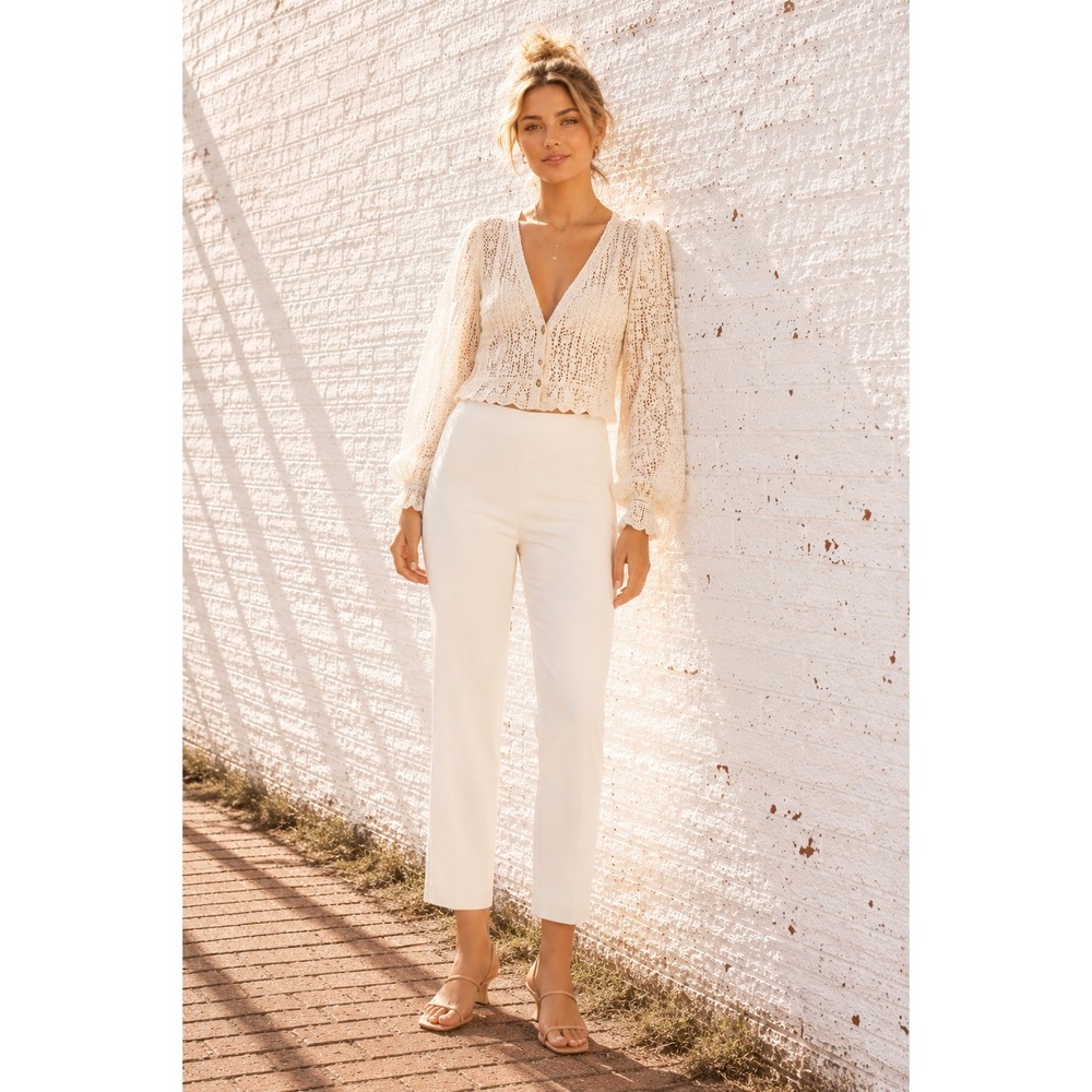 Fabrizio Gianni Ivory Straight Leg Pants Stretch Twill Tailored Minimalist 10
